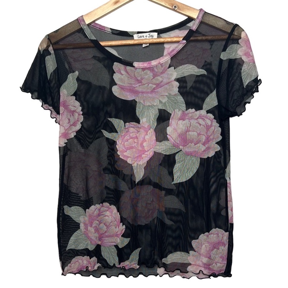 Love & Joy Lettuce Hem Sheer Floral Blouse